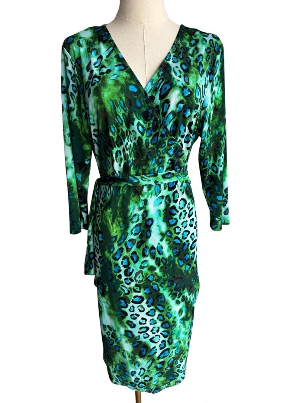 Animal Print True Wrap Waist Tie Cocktail Dress L Green Blue Leopard 3/4 Sleeve